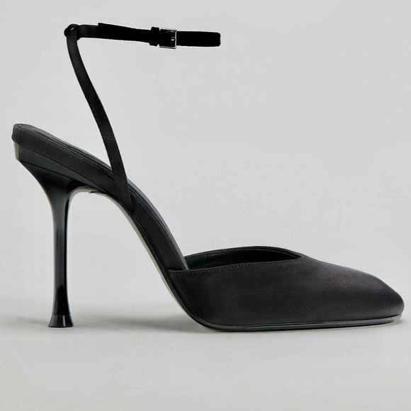 Zara NWT black satin fabric round toe ankle strap side buckle closed toe heels - Picture 6 of 8